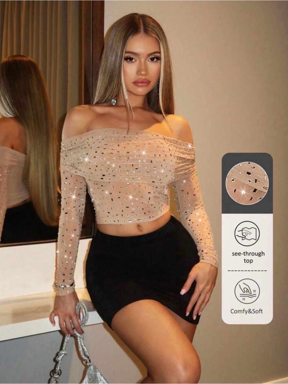 SHEIN Nude Off-Shoulder Sparkle Mesh Crop Top